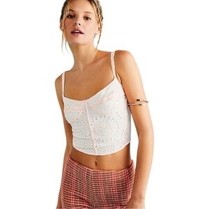 New‎ Free People Pop of Color Eyelet White / Pink Cropped Corset Cami Top Medium